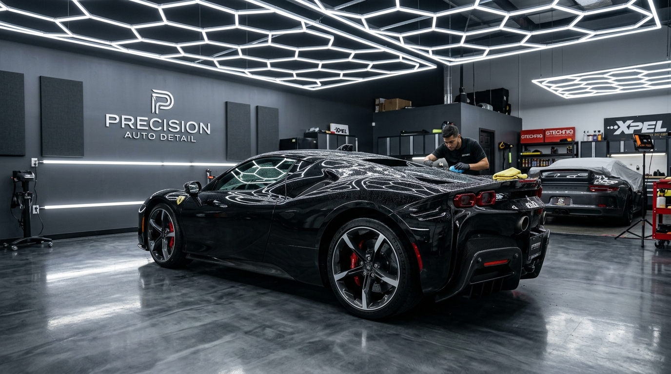 Luxury car detailing studio with black supercar undergoing ceramic coating under hexagon LED ceiling lights