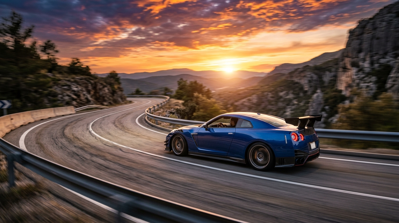 Performance sports car tracking rolling shot at golden hour sunset on winding mountain highway