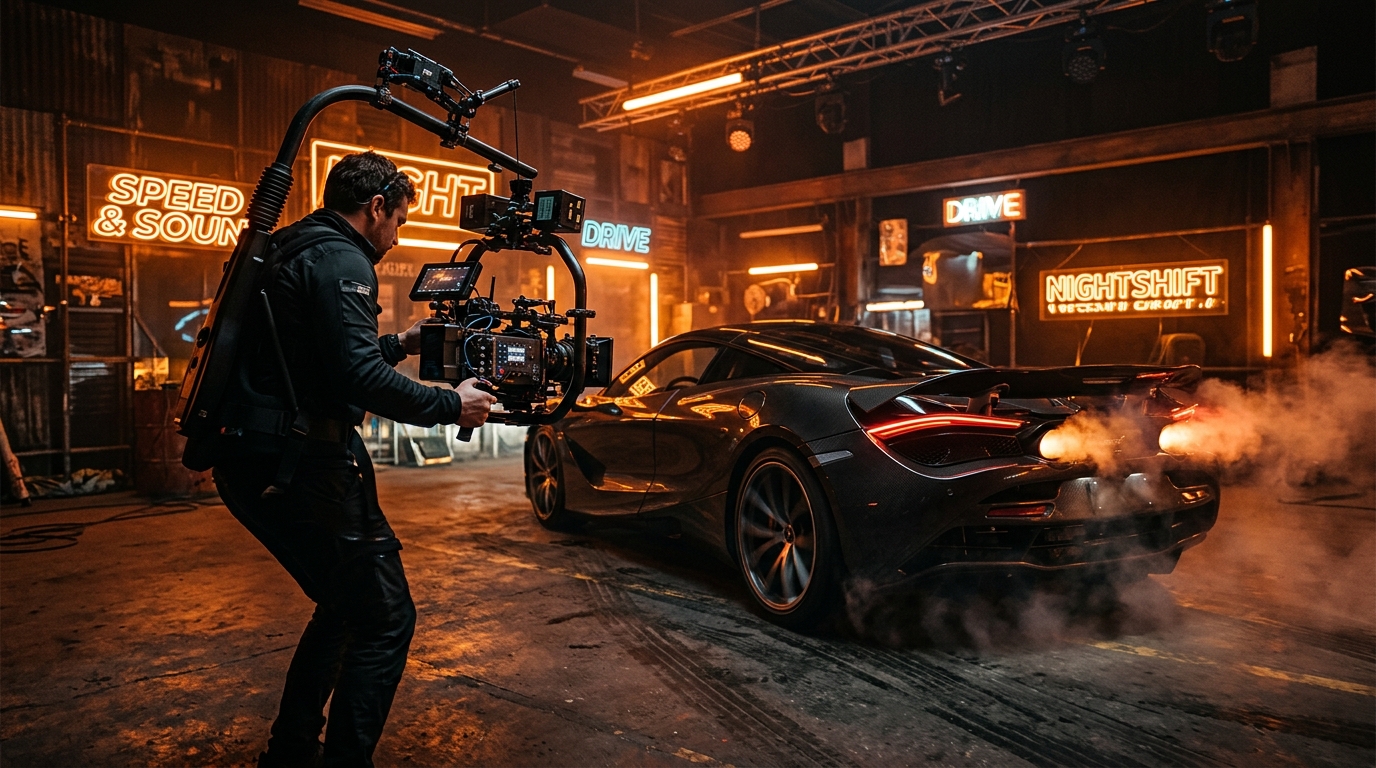 Cinematic automotive videography rig filming sports car with exhaust flames under neon lighting