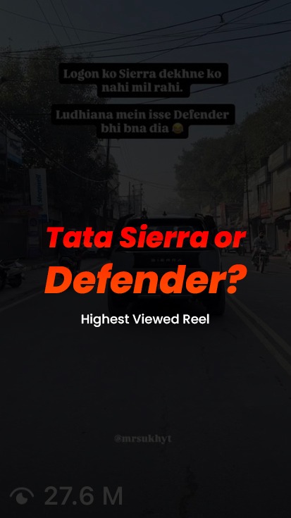 Top performing reel thumbnail — Tata Sierra or Defender? (27.6M views)
